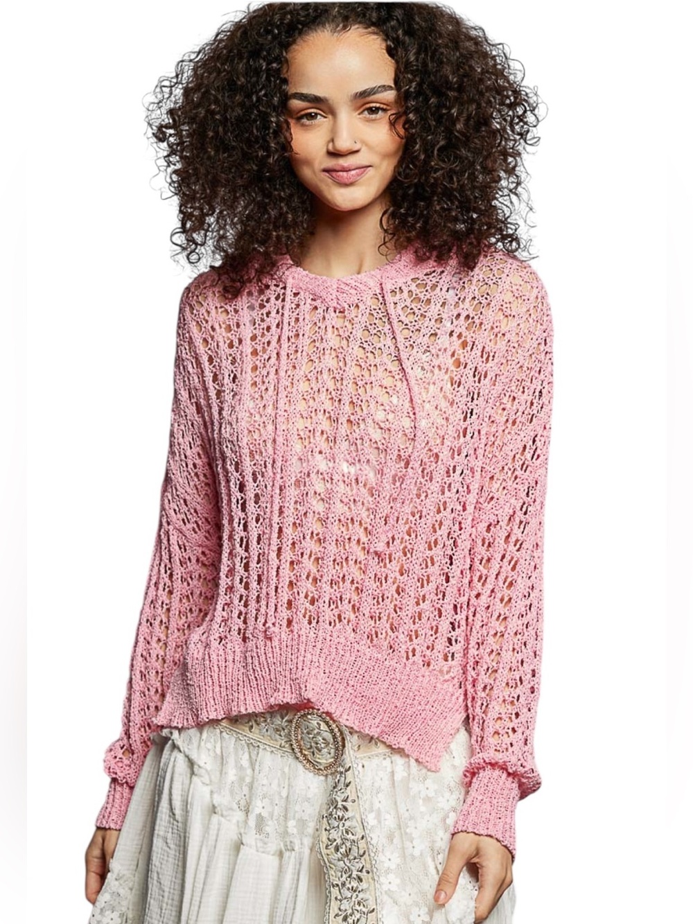 POL Pink Crochet Knit Long Sleeve Hoodie
